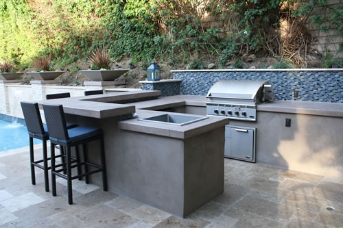 © Scott Cohen Decorative Concrete BBQ Beverage Center Stainless    Steel Grill Embeds tile backsplash Sink bar seating 2